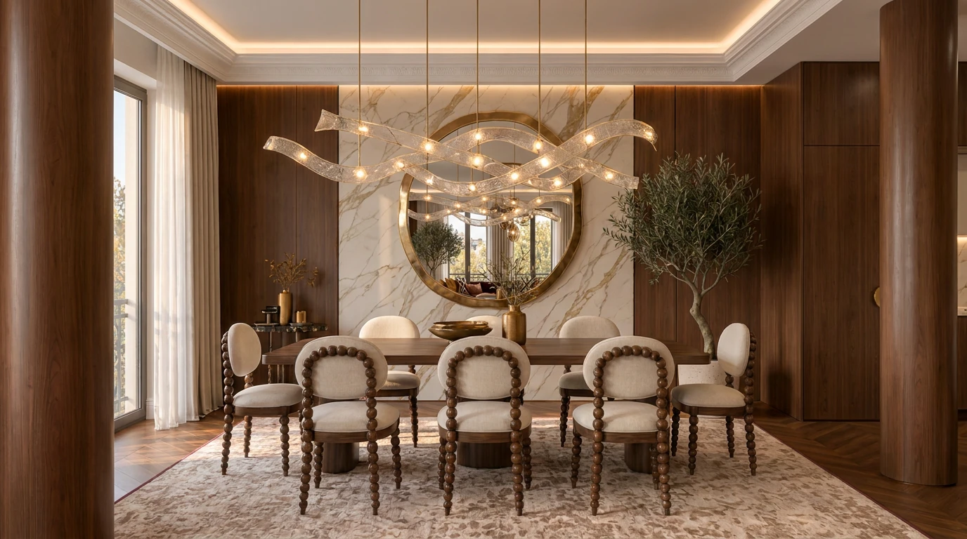 Dining room with sculptural brass mirror on a Calacatta marble wall