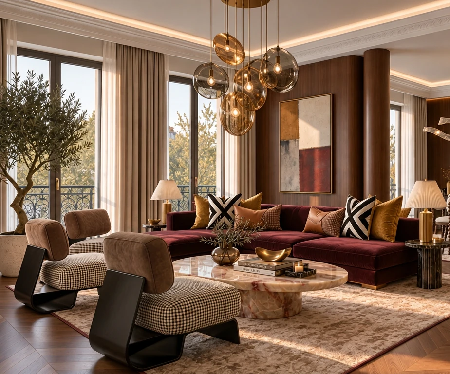 The salon beneath the glass pendant cluster