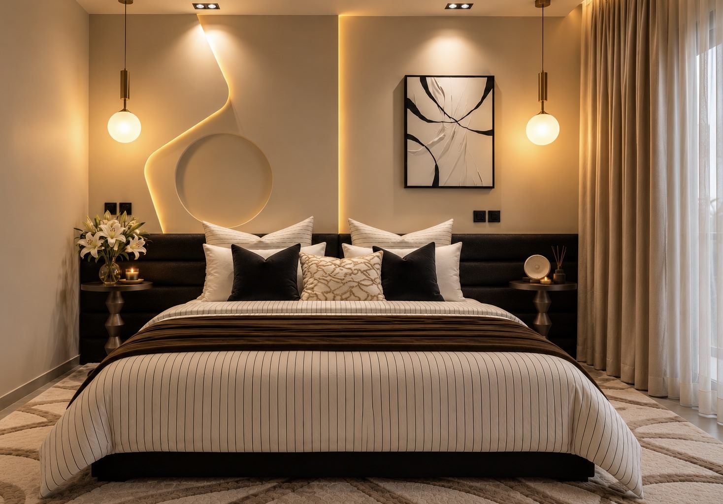Guest bedroom with a black channelled headboard, a curved line of light, brass globe pendants and a striped ivory duvet
