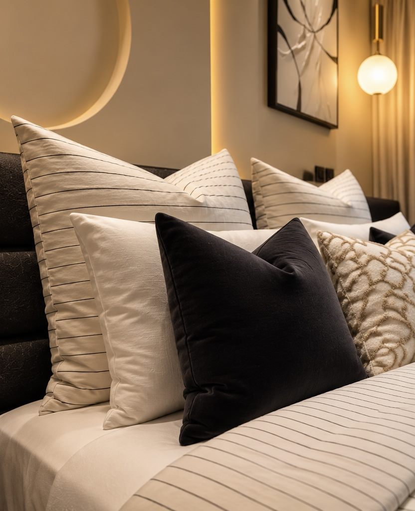 Ivory, black and textured cushions on the striped guest bed