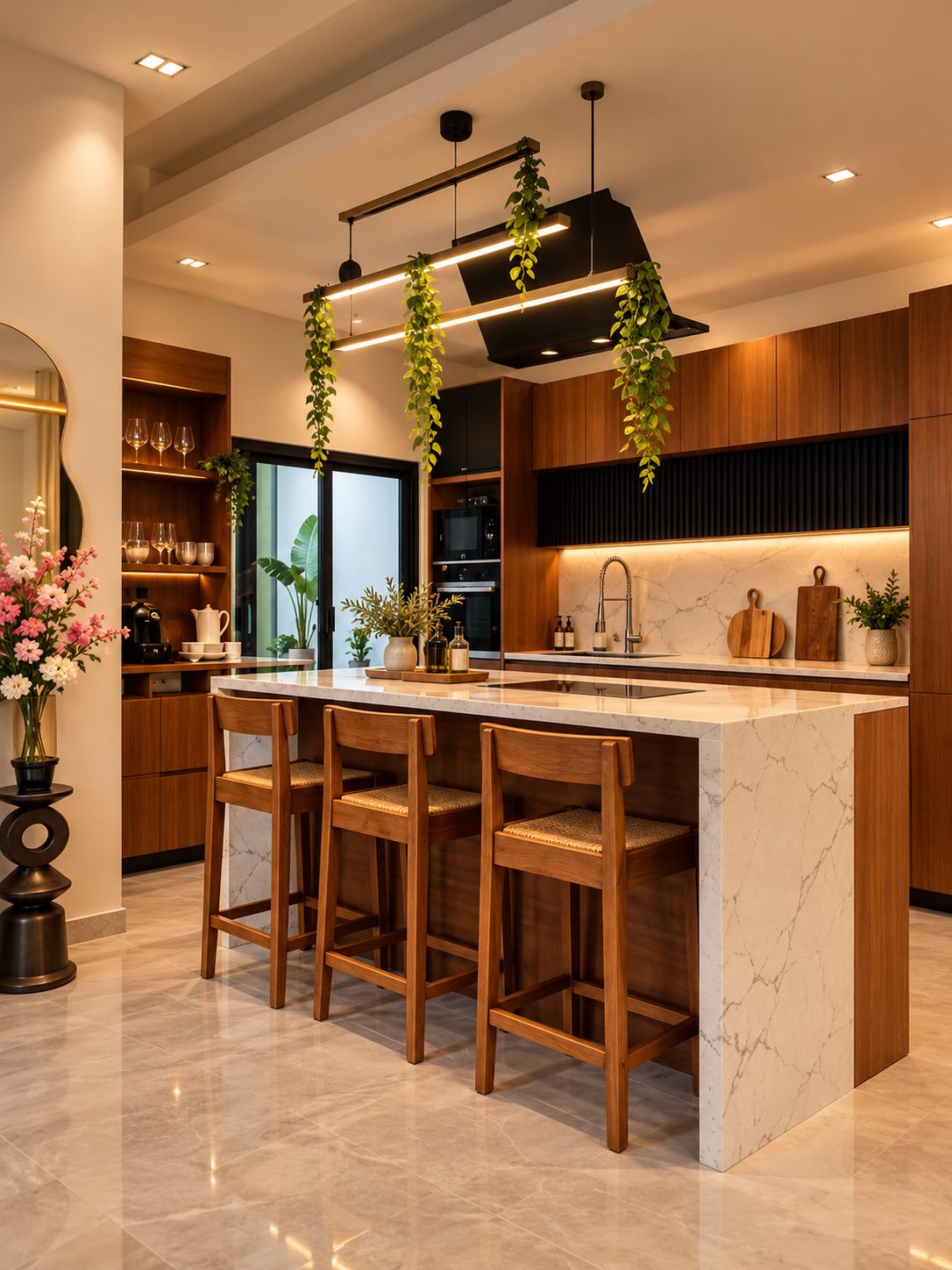 Kitchen with walnut cabinets, a white marble island, wooden bar stools and trailing plants above the counter
