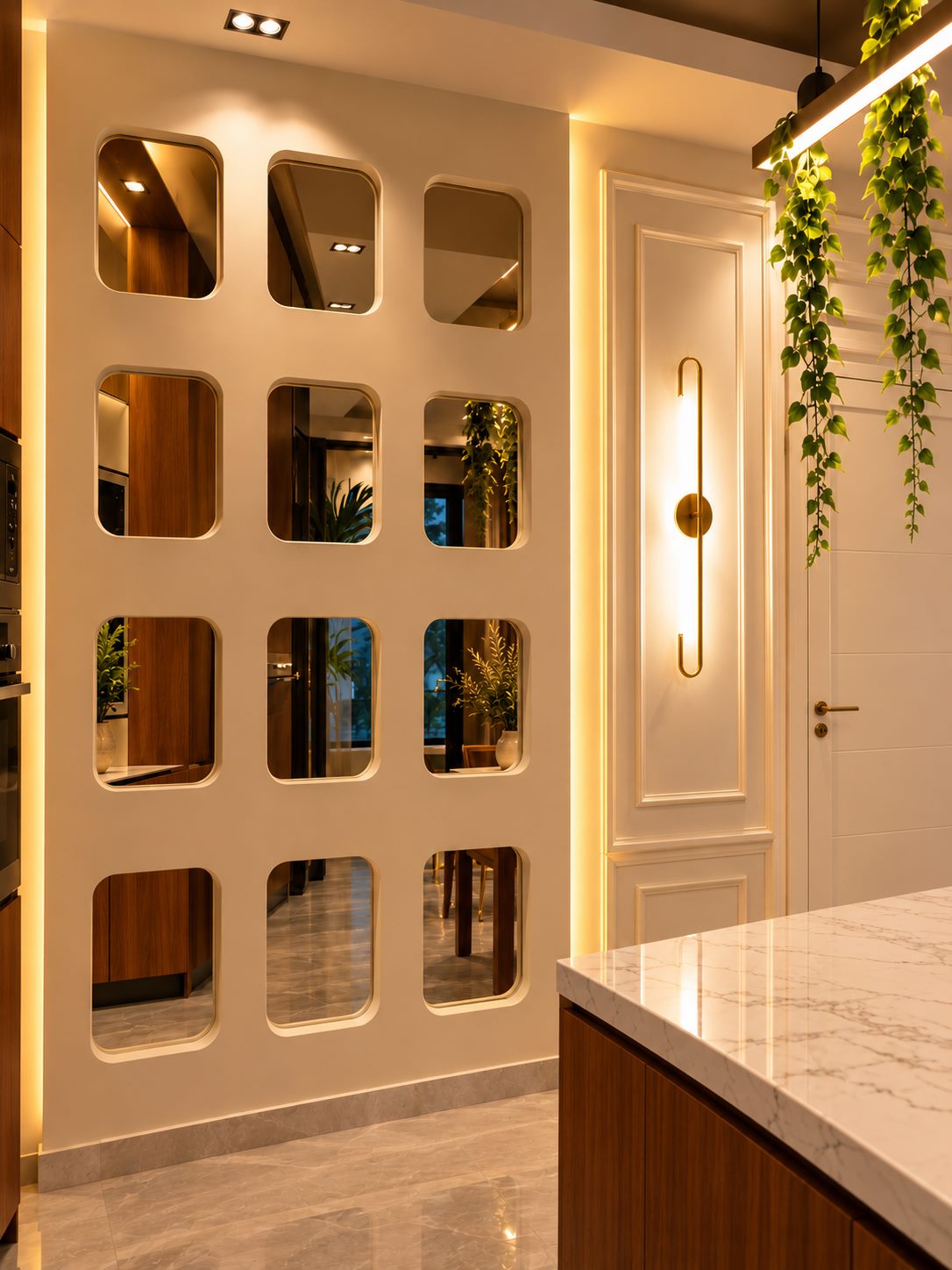 Backlit white lattice screen with rounded openings beside the marble island