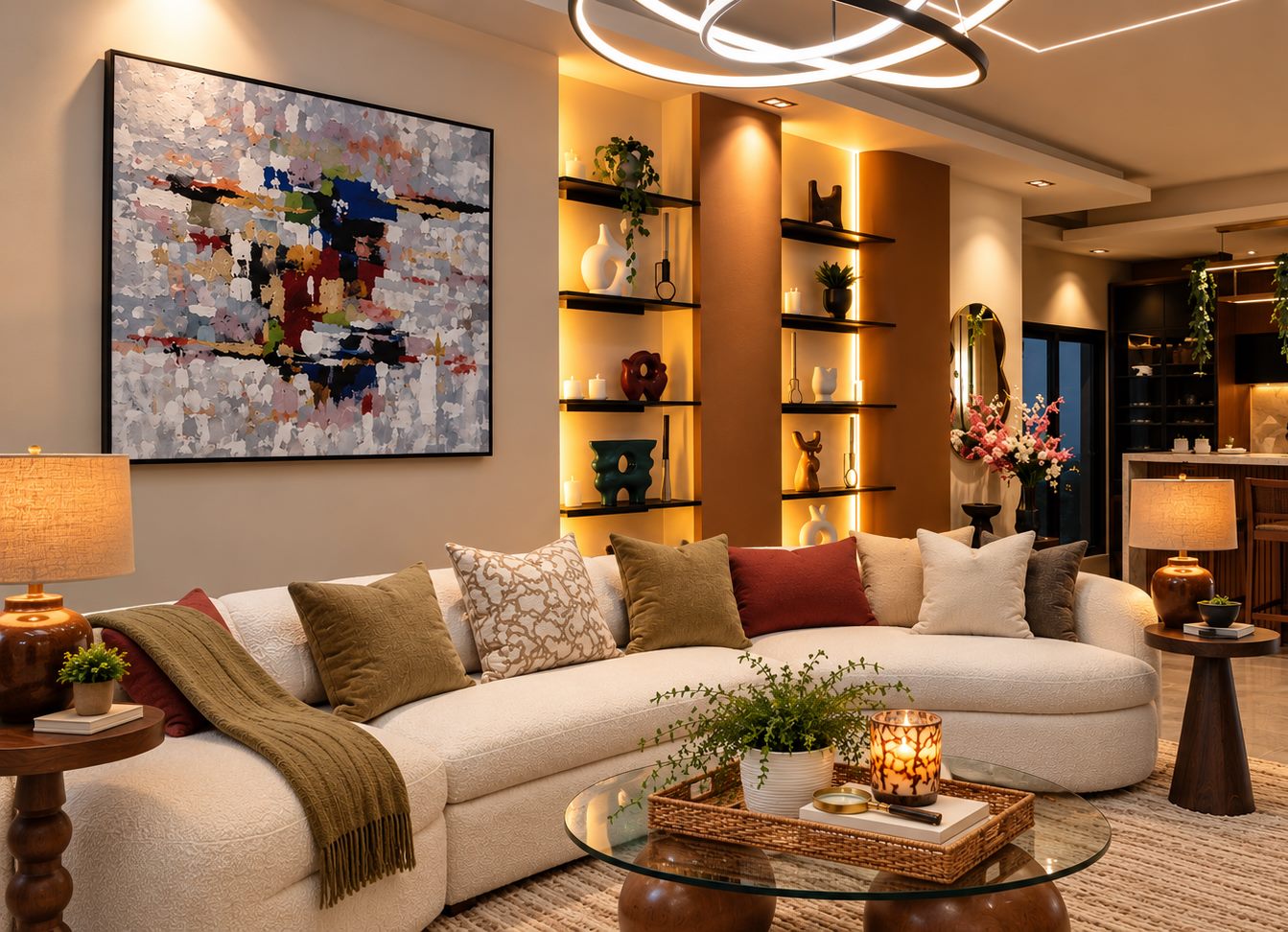 Living room with a curved ivory sofa, olive and rust cushions, an abstract painting and backlit walnut shelves