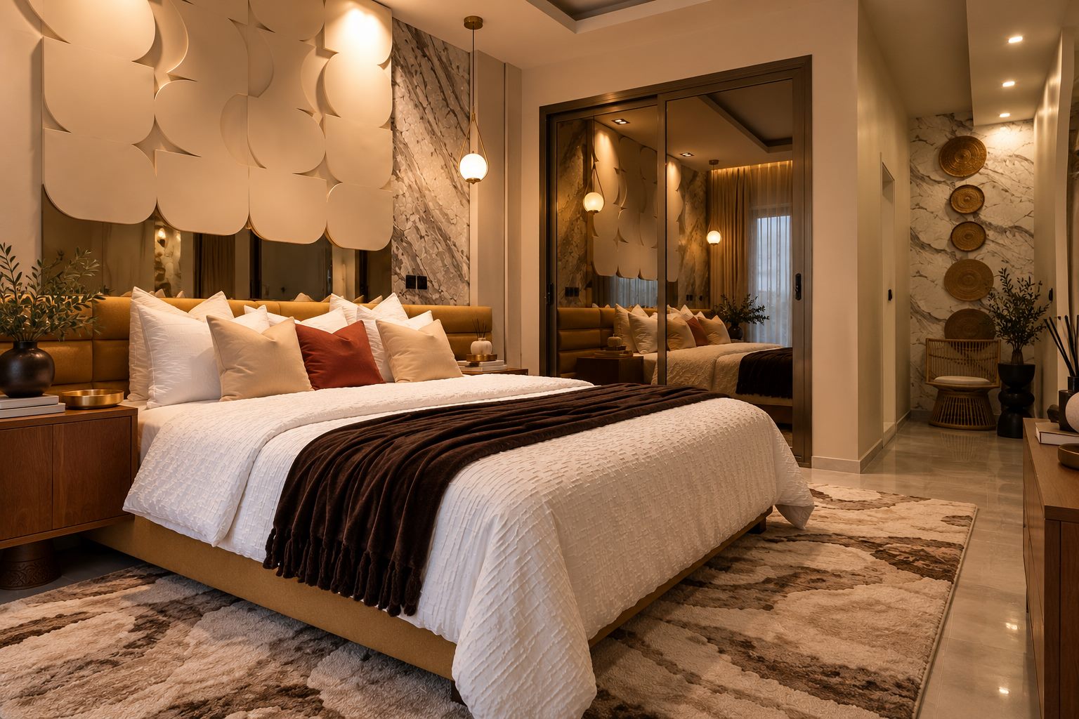 Master bedroom with a sculpted white panel on a marble wall, a cognac headboard and white bedding with a chocolate throw