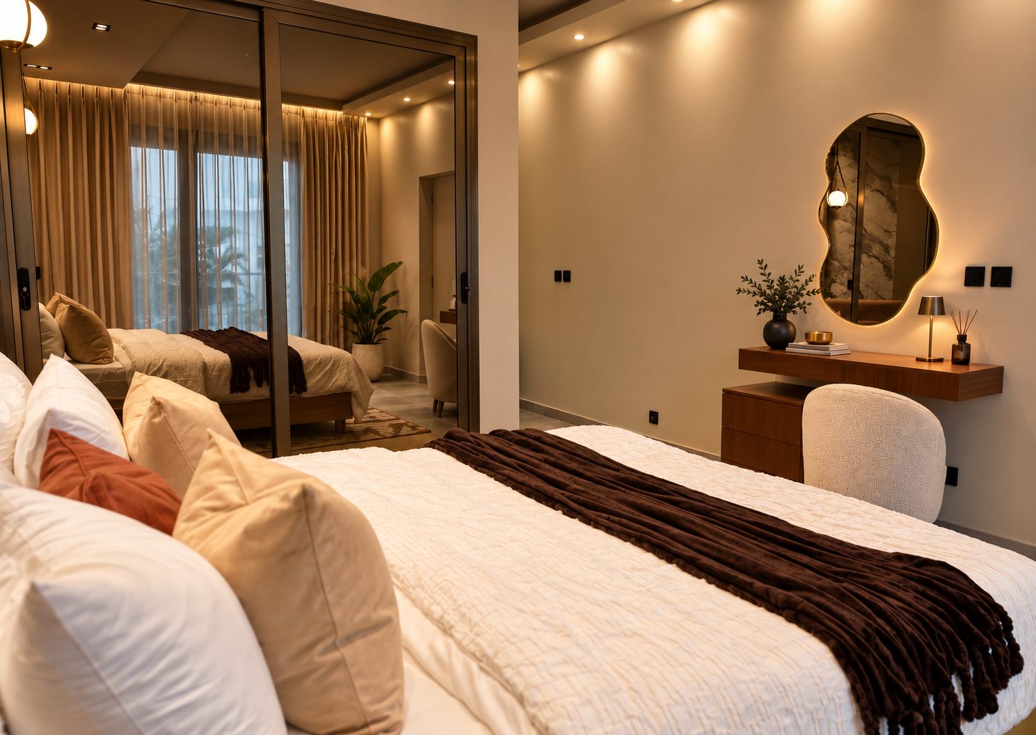 Vanity with an organic mirror and a mirrored wardrobe seen from the bed