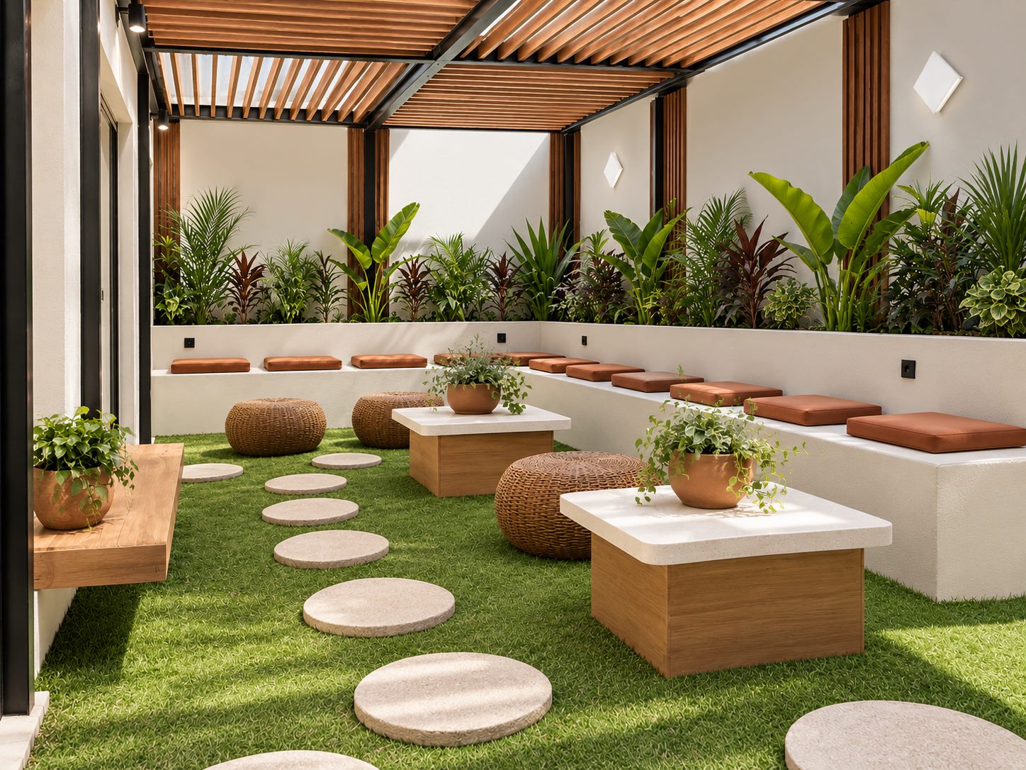 Terrace with a timber pergola, built in benches with terracotta cushions, rattan poufs and stepping stones across the grass