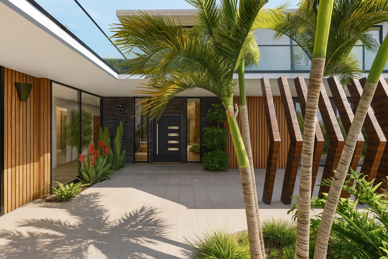 Entrance court with timber battens, dark stone and angled walnut fins
