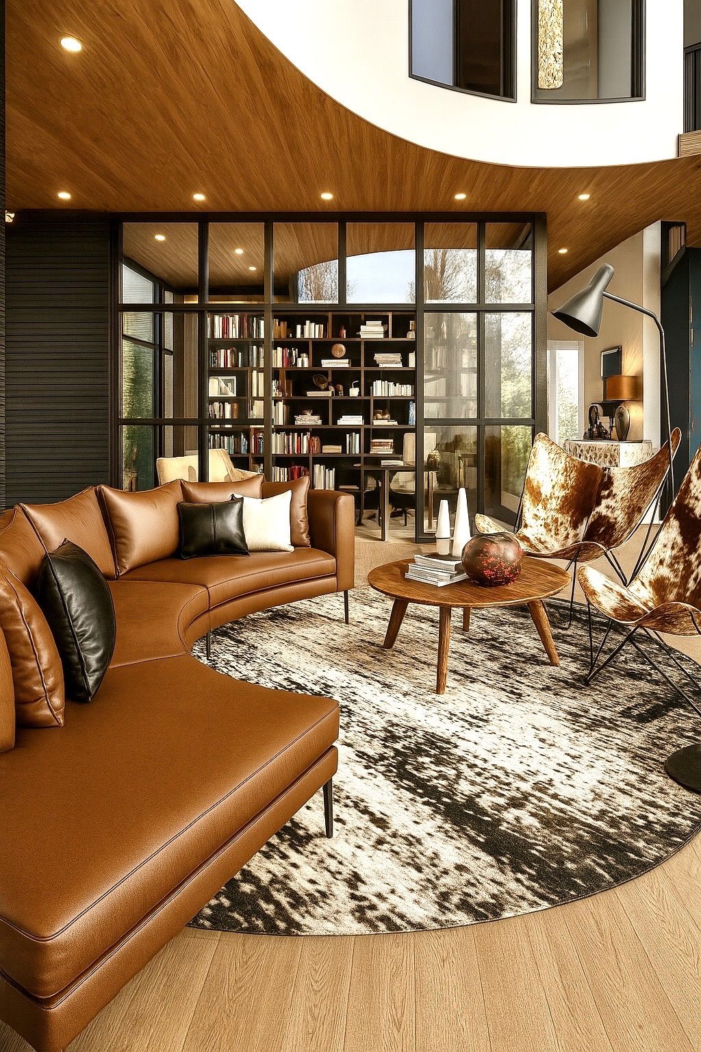 Curved cognac leather sofa, cowhide butterfly chairs and a steel framed glass library