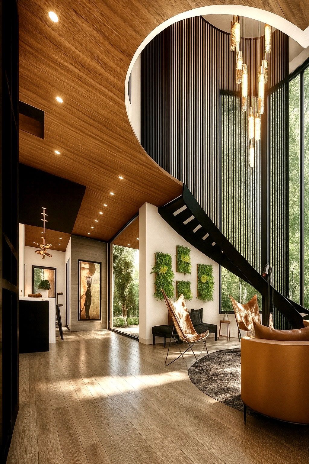 Double height void with a black steel stair, vertical fins and amber glass pendants
