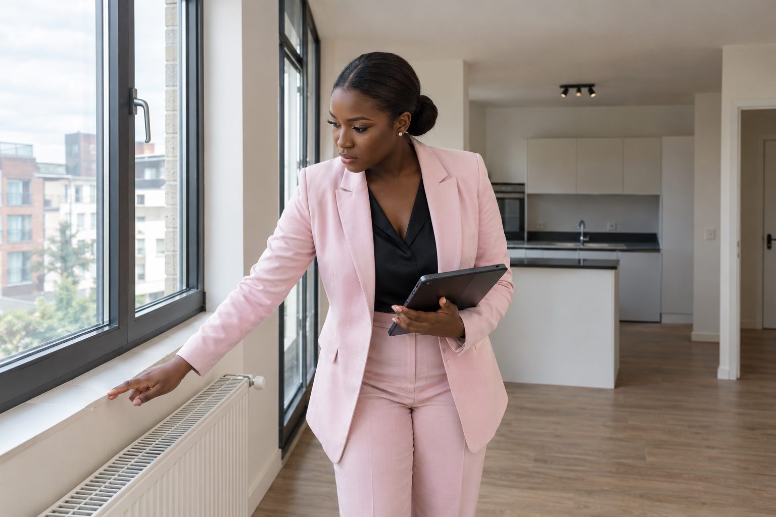 Kadeeja Niang checking a window sill during a rental inspection, tablet in hand
