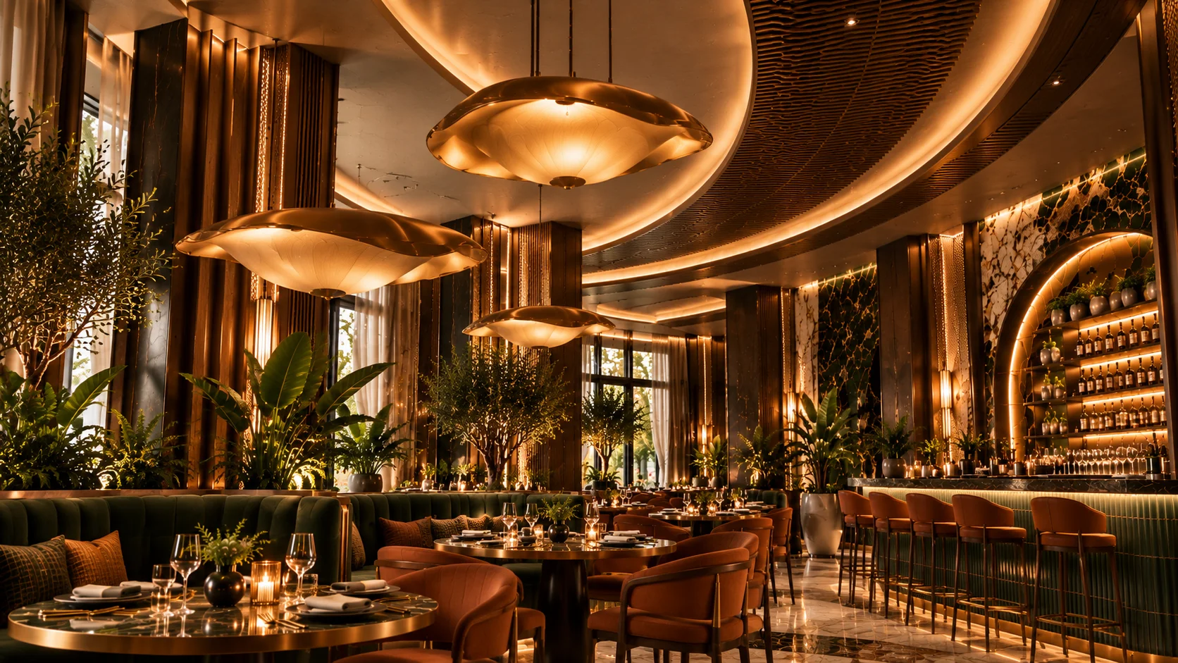 Saloma, Miami: the bar along the back of house wall, one aisle to the daylight, olive trees dividing the room and banquettes on the glass