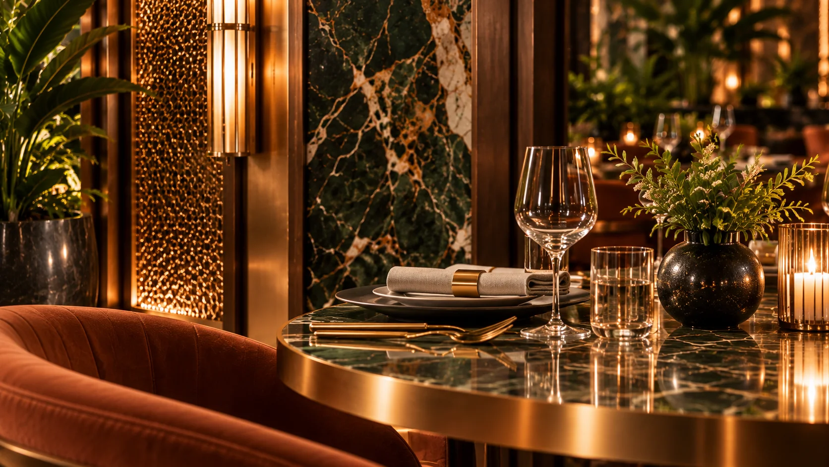Close-up of a green marble table with a brass edge, gold cutlery, crystal and a candle, beside a rust velvet chair and a perforated brass screen